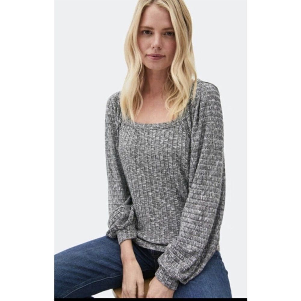 Michael Stars Black Marled Balloon Sleeve Heathered Polly Knit Square Neck Top M